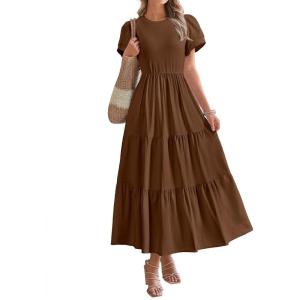 imageBTFBM Women Casual Summer Dresses 2025 Spring Crewneck Short Sleeve Tiered Flowy Boho Maxi Beach Vacation Dress PocketsBrown