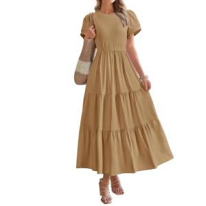 imageBTFBM Women Casual Summer Dresses 2025 Spring Crewneck Short Sleeve Tiered Flowy Boho Maxi Beach Vacation Dress PocketsKhaki