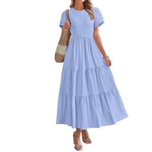 imageBTFBM Women Casual Summer Dresses 2025 Spring Crewneck Short Sleeve Tiered Flowy Boho Maxi Beach Vacation Dress PocketsLight Blue