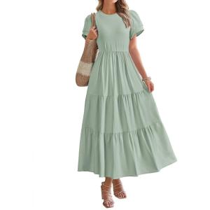 imageBTFBM Women Casual Summer Dresses 2025 Spring Crewneck Short Sleeve Tiered Flowy Boho Maxi Beach Vacation Dress PocketsLight Green