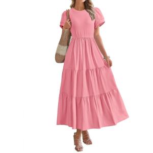 imageBTFBM Women Casual Summer Dresses 2025 Spring Crewneck Short Sleeve Tiered Flowy Boho Maxi Beach Vacation Dress PocketsPink