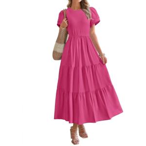 imageBTFBM Women Casual Summer Dresses 2025 Spring Crewneck Short Sleeve Tiered Flowy Boho Maxi Beach Vacation Dress PocketsRose Red