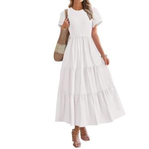 imageBTFBM Women Casual Summer Dresses 2025 Spring Crewneck Short Sleeve Tiered Flowy Boho Maxi Beach Vacation Dress PocketsWhite