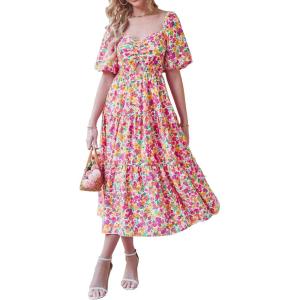 imageBTFBM Women Summer Dresses 2025 Casual Flowy Beach Square Neck Puff Short Sleeve Smocked Back Boho Floral Long Maxi DressFloral White Red