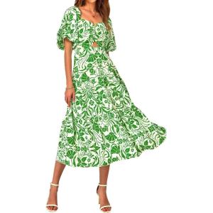 imageBTFBM Women Summer Dresses 2025 Casual Flowy Beach Square Neck Puff Short Sleeve Smocked Back Boho Floral Long Maxi DressPrint Grass Green