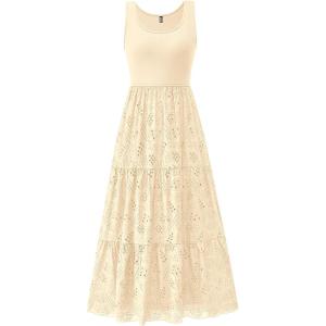 imageBTFBM Women Summer Eyelet Midi Dresses Casual Spring 2025 Sleeveless A Line Flowy Vacation Beach Wedding Guest Sun DressApricot