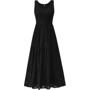 imageBTFBM Women Summer Eyelet Midi Dresses Casual Spring 2025 Sleeveless A Line Flowy Vacation Beach Wedding Guest Sun DressBlack