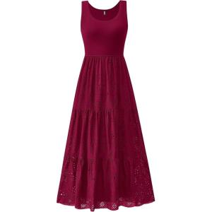 imageBTFBM Women Summer Eyelet Midi Dresses Casual Spring 2025 Sleeveless A Line Flowy Vacation Beach Wedding Guest Sun DressDark Red