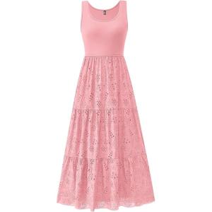 imageBTFBM Women Summer Eyelet Midi Dresses Casual Spring 2025 Sleeveless A Line Flowy Vacation Beach Wedding Guest Sun DressPink