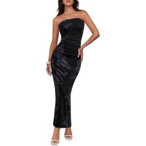 imageBTFBM Womens Floral Maxi Dresses Summer 2025 Strapless Tube Bodycon Mesh Layered Cocktail Party Wedding Guest DressFloral Black