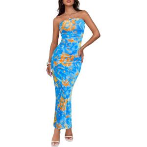 imageBTFBM Womens Floral Maxi Dresses Summer 2025 Strapless Tube Bodycon Mesh Layered Cocktail Party Wedding Guest DressFloral Blue