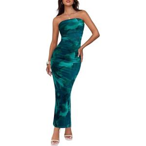 imageBTFBM Womens Floral Maxi Dresses Summer 2025 Strapless Tube Bodycon Mesh Layered Cocktail Party Wedding Guest DressFloral Lake Blue