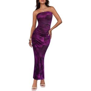 imageBTFBM Womens Floral Maxi Dresses Summer 2025 Strapless Tube Bodycon Mesh Layered Cocktail Party Wedding Guest DressFloral Purple