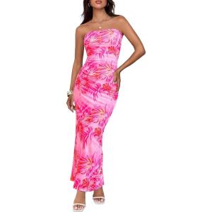 imageBTFBM Womens Floral Maxi Dresses Summer 2025 Strapless Tube Bodycon Mesh Layered Cocktail Party Wedding Guest DressLeaves Pink