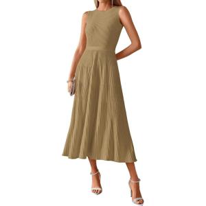 imageBTFBM Womens Midi Bodycon Tank Dress Summer Crewneck Rib Knit Sleeveless Pleated Swing A Line Business Casual DressesCamel