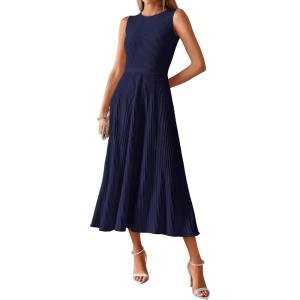 imageBTFBM Womens Midi Bodycon Tank Dress Summer Crewneck Rib Knit Sleeveless Pleated Swing A Line Business Casual DressesNavy