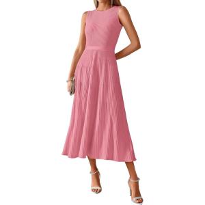 imageBTFBM Womens Midi Bodycon Tank Dress Summer Crewneck Rib Knit Sleeveless Pleated Swing A Line Business Casual DressesPink