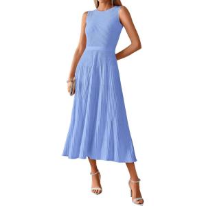 imageBTFBM Womens Midi Bodycon Tank Dress Summer Crewneck Rib Knit Sleeveless Pleated Swing A Line Business Casual DressesSky Blue