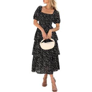 imageBTFBM Womens Square Neck Smocked Dress Summer Puff Short Sleeve Floral Casual Ruffle Tiered Maxi Wedding Guest DressesDot Black Multicolor