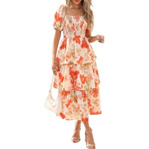 imageBTFBM Womens Square Neck Smocked Dress Summer Puff Short Sleeve Floral Casual Ruffle Tiered Maxi Wedding Guest DressesFloral Apricot Orange