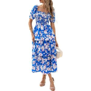 imageBTFBM Womens Square Neck Smocked Dress Summer Puff Short Sleeve Floral Casual Ruffle Tiered Maxi Wedding Guest DressesFloral Blue White