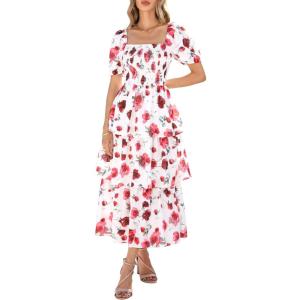 imageBTFBM Womens Square Neck Smocked Dress Summer Puff Short Sleeve Floral Casual Ruffle Tiered Maxi Wedding Guest DressesFloral White Red