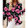 imageBTFBM Women Fashion Button Down Shirts Lapel V Neck Printed Solid Boho Long Sleeve Blouses Dressy Casual Summer Fall TopBig Floral Black Pink