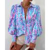 imageBTFBM Women Fashion Button Down Shirts Lapel V Neck Printed Solid Boho Long Sleeve Blouses Dressy Casual Summer Fall TopMulti Blue Pink