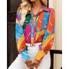 imageBTFBM Women Fashion Button Down Shirts Lapel V Neck Printed Solid Boho Long Sleeve Blouses Dressy Casual Summer Fall TopMulticolored