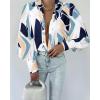 imageBTFBM Women Fashion Button Down Shirts Lapel V Neck Printed Solid Boho Long Sleeve Blouses Dressy Casual Summer Fall TopPrint Navy