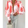 imageBTFBM Women Fashion Button Down Shirts Lapel V Neck Printed Solid Boho Long Sleeve Blouses Dressy Casual Summer Fall TopPrint Pink