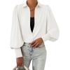 imageBTFBM Women Fashion Button Down Shirts Lapel V Neck Printed Solid Boho Long Sleeve Blouses Dressy Casual Summer Fall TopSolid White