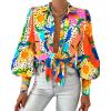 imageBTFBM Women Fashion Button Down Shirts Lapel V Neck Printed Solid Boho Long Sleeve Blouses Dressy Casual Summer Fall TopMulti Orange