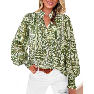 imageBTFBM Spring Fashion 2025 Button Down Long Sleeve Blouses for Women Dressy Casual V Neck Loose Printed Boho Tops ShirtsArmy Green
