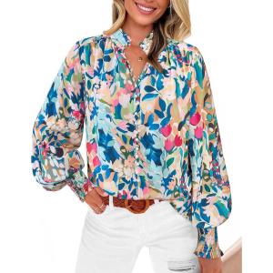 imageBTFBM Spring Fashion 2025 Button Down Long Sleeve Blouses for Women Dressy Casual V Neck Loose Printed Boho Tops ShirtsBlue