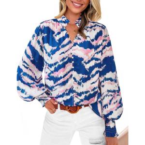 imageBTFBM Spring Fashion 2025 Button Down Long Sleeve Blouses for Women Dressy Casual V Neck Loose Printed Boho Tops ShirtsBlue Pink