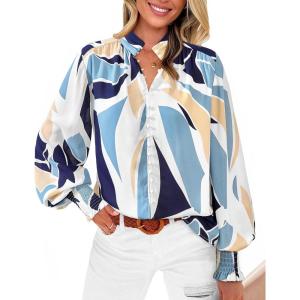 imageBTFBM Spring Fashion 2025 Button Down Long Sleeve Blouses for Women Dressy Casual V Neck Loose Printed Boho Tops ShirtsBlue White