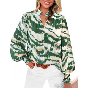 imageBTFBM Spring Fashion 2025 Button Down Long Sleeve Blouses for Women Dressy Casual V Neck Loose Printed Boho Tops ShirtsDark Green