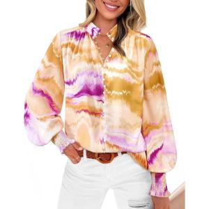 imageBTFBM Spring Fashion 2025 Button Down Long Sleeve Blouses for Women Dressy Casual V Neck Loose Printed Boho Tops ShirtsOrange