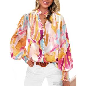 imageBTFBM Spring Fashion 2025 Button Down Long Sleeve Blouses for Women Dressy Casual V Neck Loose Printed Boho Tops ShirtsOrange Pink
