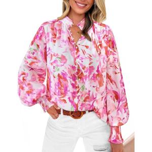 imageBTFBM Spring Fashion 2025 Button Down Long Sleeve Blouses for Women Dressy Casual V Neck Loose Printed Boho Tops ShirtsRose Pink