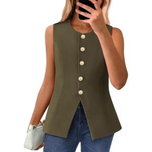 imageBTFBM Summer Sleeveless Blazer Vest For Women Dressy Button Down Round Neck Business Casual Outfits Work Suit Vests TopsArmy Green