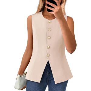 imageBTFBM Summer Sleeveless Blazer Vest For Women Dressy Button Down Round Neck Business Casual Outfits Work Suit Vests TopsBeige
