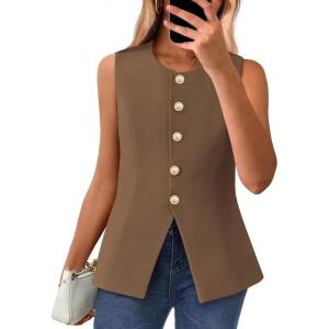 imageBTFBM Summer Sleeveless Blazer Vest For Women Dressy Button Down Round Neck Business Casual Outfits Work Suit Vests TopsCoffee