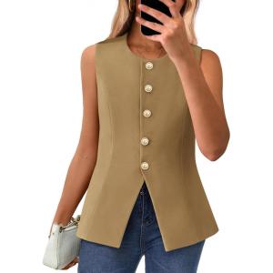 imageBTFBM Summer Sleeveless Blazer Vest For Women Dressy Button Down Round Neck Business Casual Outfits Work Suit Vests TopsKhaki