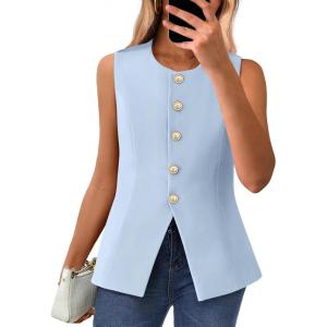 imageBTFBM Summer Sleeveless Blazer Vest For Women Dressy Button Down Round Neck Business Casual Outfits Work Suit Vests TopsLight Blue