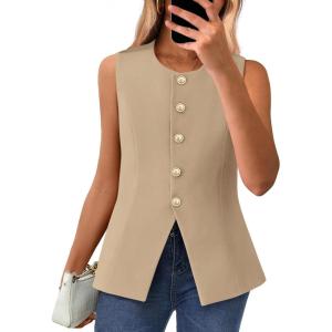 imageBTFBM Summer Sleeveless Blazer Vest For Women Dressy Button Down Round Neck Business Casual Outfits Work Suit Vests TopsLight Khaki