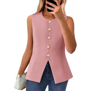 imageBTFBM Summer Sleeveless Blazer Vest For Women Dressy Button Down Round Neck Business Casual Outfits Work Suit Vests TopsPink