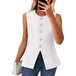imageBTFBM Summer Sleeveless Blazer Vest For Women Dressy Button Down Round Neck Business Casual Outfits Work Suit Vests TopsWhite