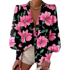 imageBTFBM Women Fashion Button Down Shirts Lapel V Neck Printed Solid Boho Long Sleeve Blouses Dressy Casual Summer Fall TopBig Floral Black Pink